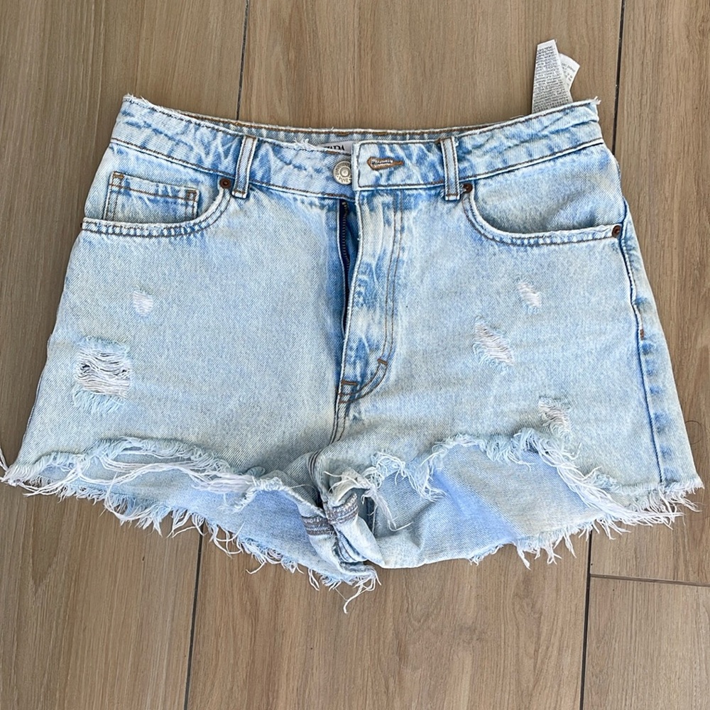 Zara Light Blue Distressed Denim Shorts